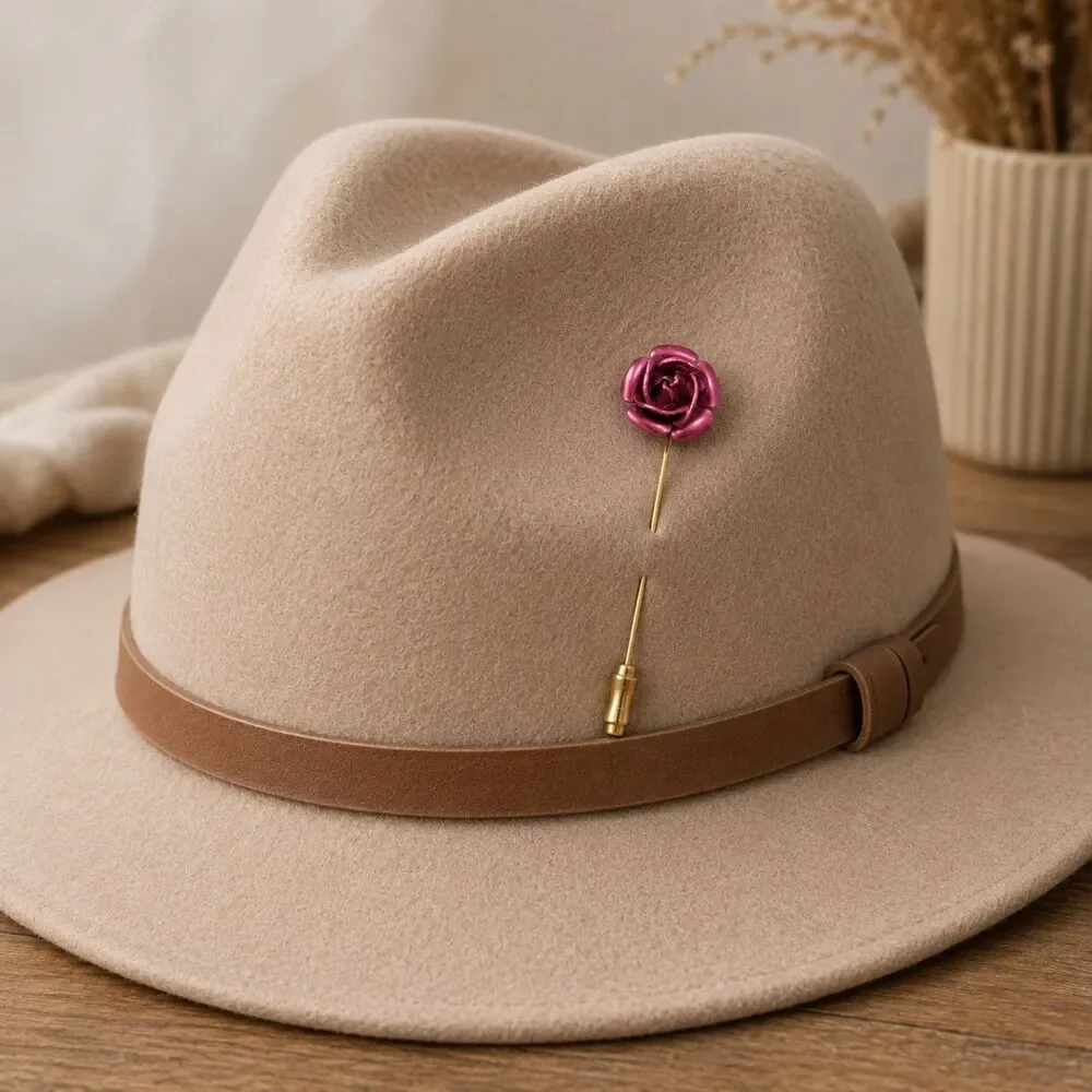 Vintage Pink Rose Stick Pin Brooch, Gold Tone Lapel Pin, Floral Hat Pin